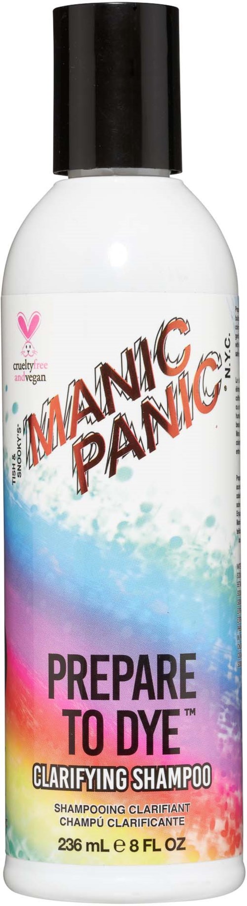 A white shampoo bottle with a black cap, colorful label, and the text "Manic Panic Prepare to Dye."