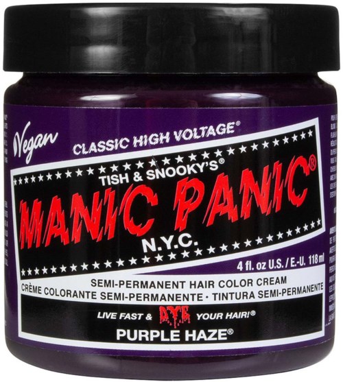 Veganes semi-permanentes lila Haarkreide in einem schwarzen Behälter mit "Manic Panic" Aufschrift.