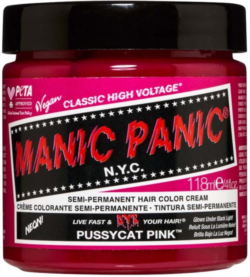 Vegan semi-permanent hair color cream called Manny Panic in bright pink, with bold black and red text and black lid.