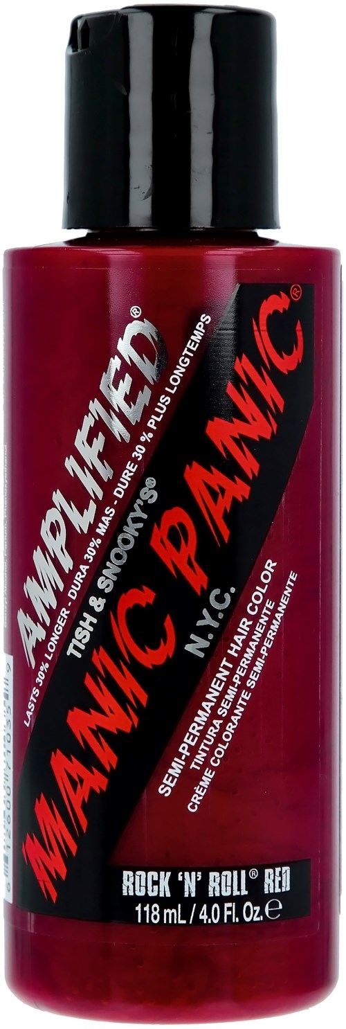 A red bottle of emergency hair color with black cap, labeled 'Manic Panic'.