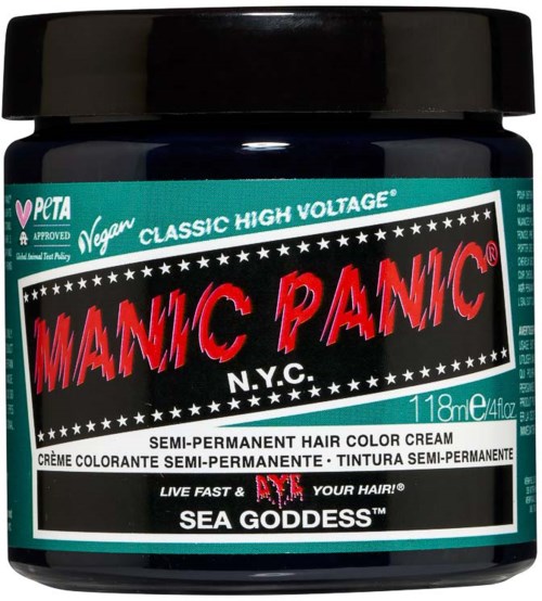 A jar of semi-permanent hair color cream called 'MANIC PANIC' with vibrant red and blue text on a black background.
