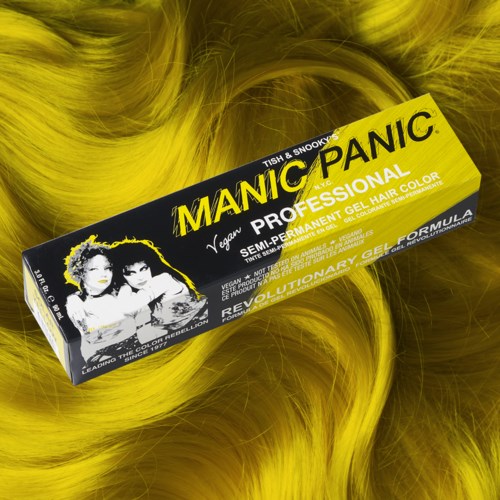 Jasnożółta opakowanie farby do włosów z napisem "MANIC PANIC" na żółtych włosach.