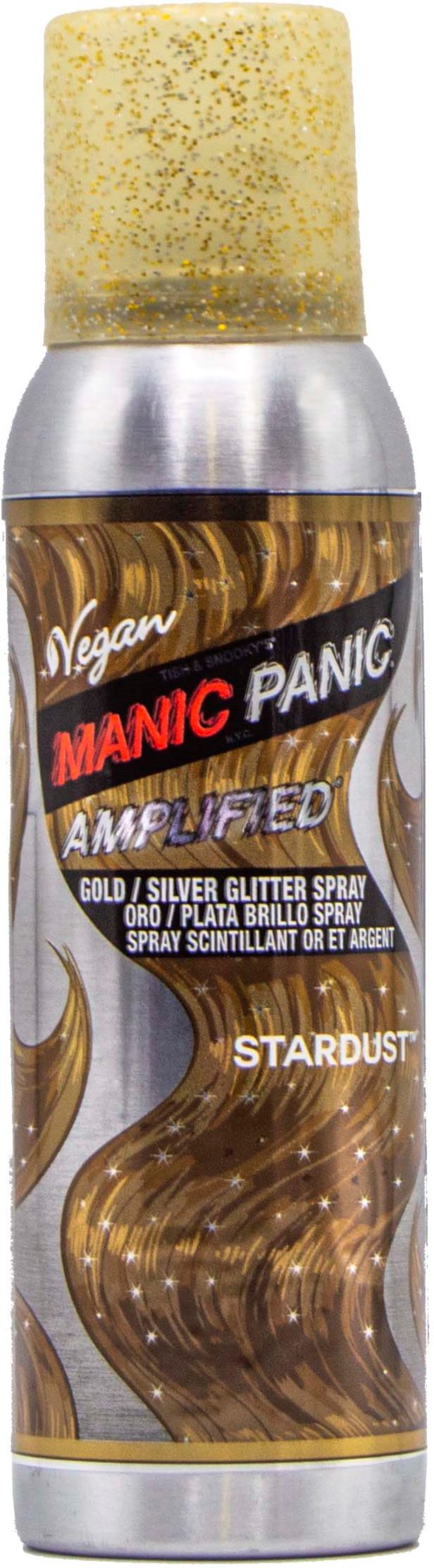 Eine Sprühdose mit Goldglitter, als vegan gekennzeichnet, heißt 'Manic Panic Amplified Stardust'.