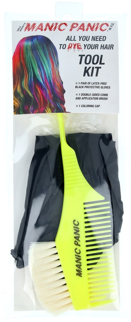 A hair dye kit with a colorful hairbrush, comb, cloth, and cap in a package with bold text and a multicolored hair image.