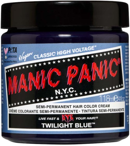 A jar of semi-permanent hair color cream labeled 'Manic Panic Twilight Blue' with black, blue, red, and white colors on the label.