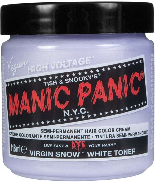 En burk med semi-permanent hårfärgningskräm kallad 'Manic Panic' med svart lock och färgglad etikett.