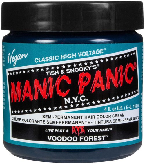 En blå burk med semi-permanent hårfärgningskräm med svart lock, etiketten säger "Vegan", "Classic High Voltage" och "Manic Panic".