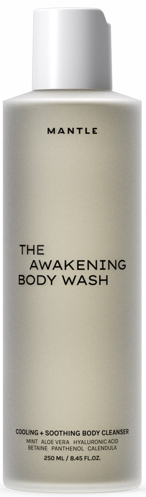 Een flesje lichaamswas met een eenvoudige label. Het zegt 'Mantle' en 'The Awakening Body Wash' met een rustgevend ontwerp.