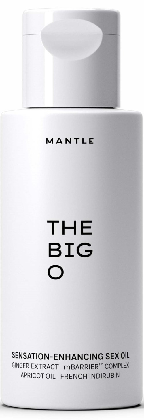 Eine weiße Flasche mit Klappverschluss, beschriftet mit "THE BIG O" und kleinem Text als Sinnlichkeit-Sexöl.