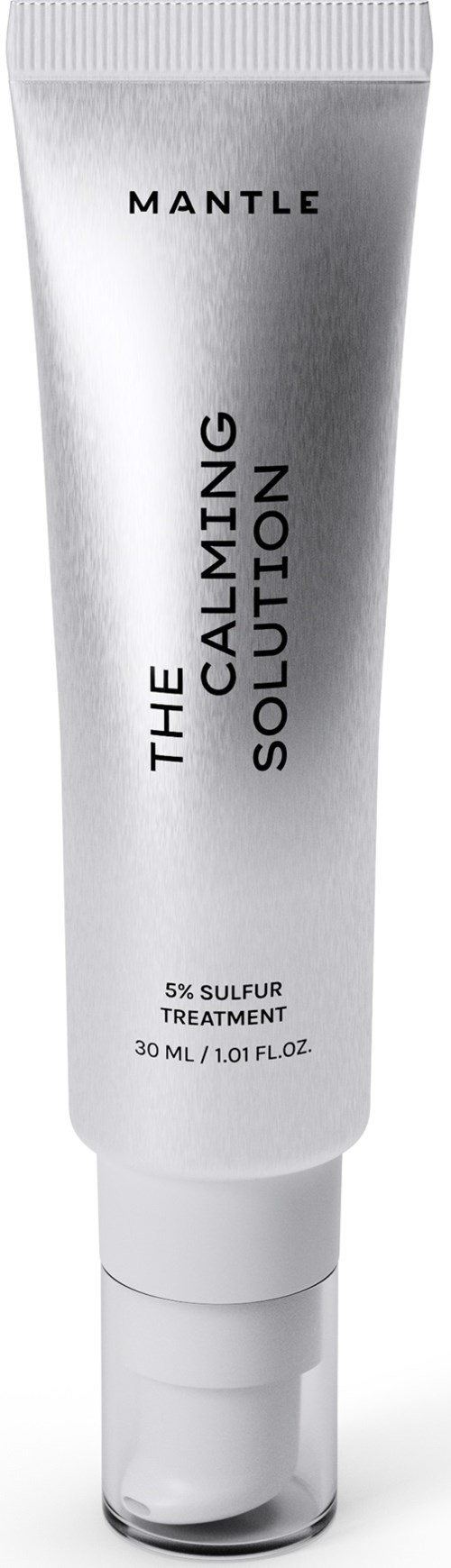 A white tube container labeled MANTLE, with the text THE CALMING SOLUTION, 5% sulfur treatment, 30 ml.