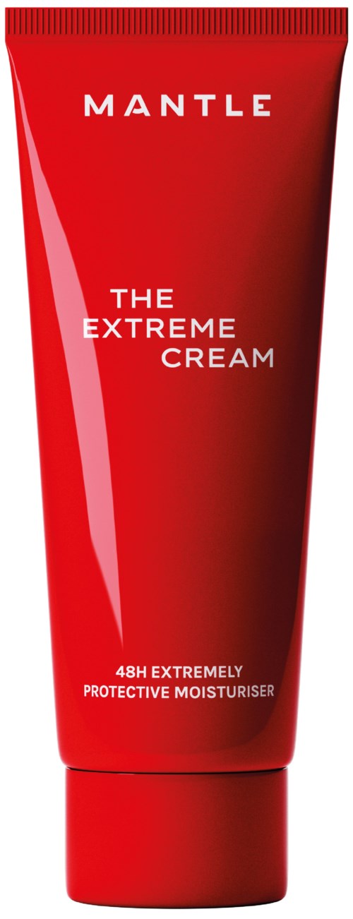 Punainen puteli merkinnällä Mantle The Extreme Cream, suojaava kosteampi, valkoisella ja punaisella tekstillä ja kiiltävällä heijastavalla raidalla.