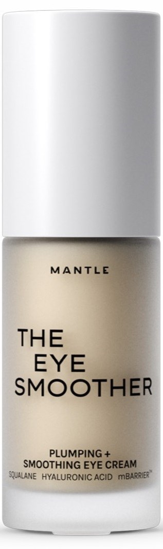 Eine Flasche mit der Aufschrift 'The Eye Smoother' für glättende Augencreme, mit weißem Deckel und beigem Inhalt.