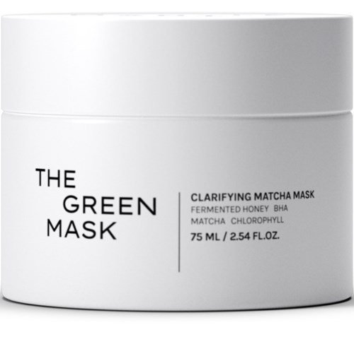 Eine weiße Dose mit der Aufschrift The Green Mask, enthalten Honig, Matcha und Chlorophyll, 75 ml.
