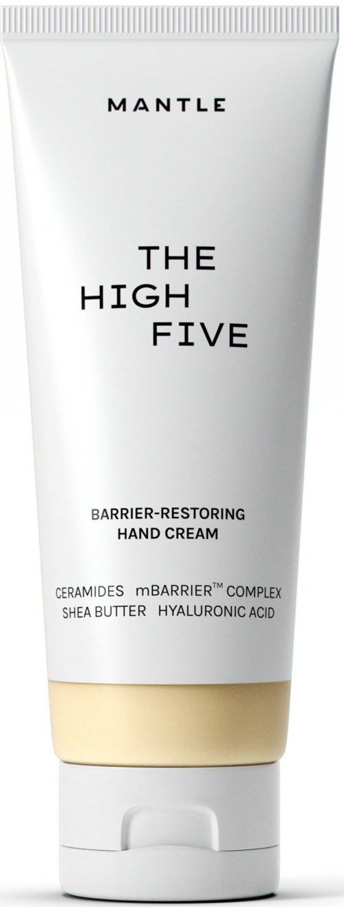 Valkoinen käsivoideputeli, jossa musta teksti ja beige alaosa, nimeltään "The High Five" ja "Barrier-Restoring Hand Cream."
