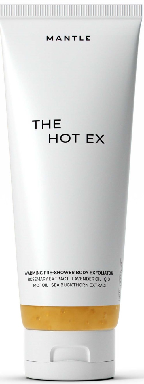 White tube with black text, labeled "MANTLE THE HOT EX" and some smaller writing at the bottom.