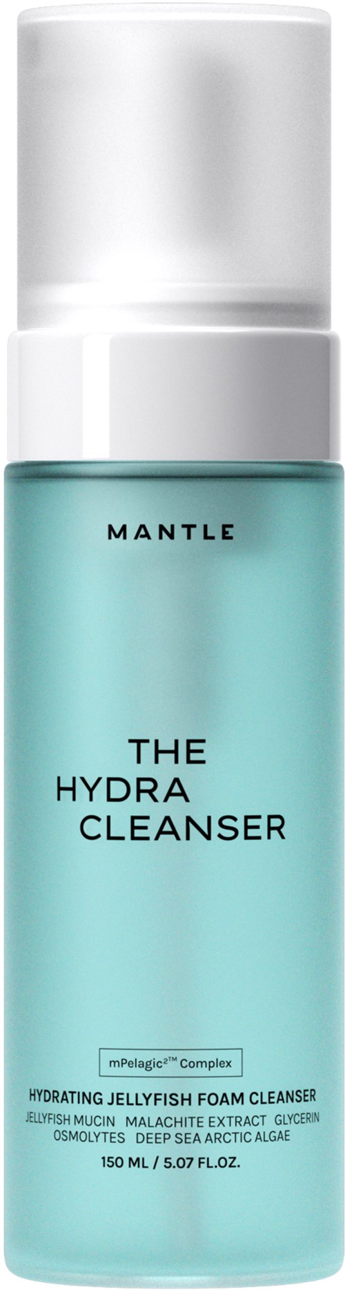 Eine blaugrüne Flasche mit weißem Deckel, beschriftet 'The Hydra Cleanser' von MANTLE.