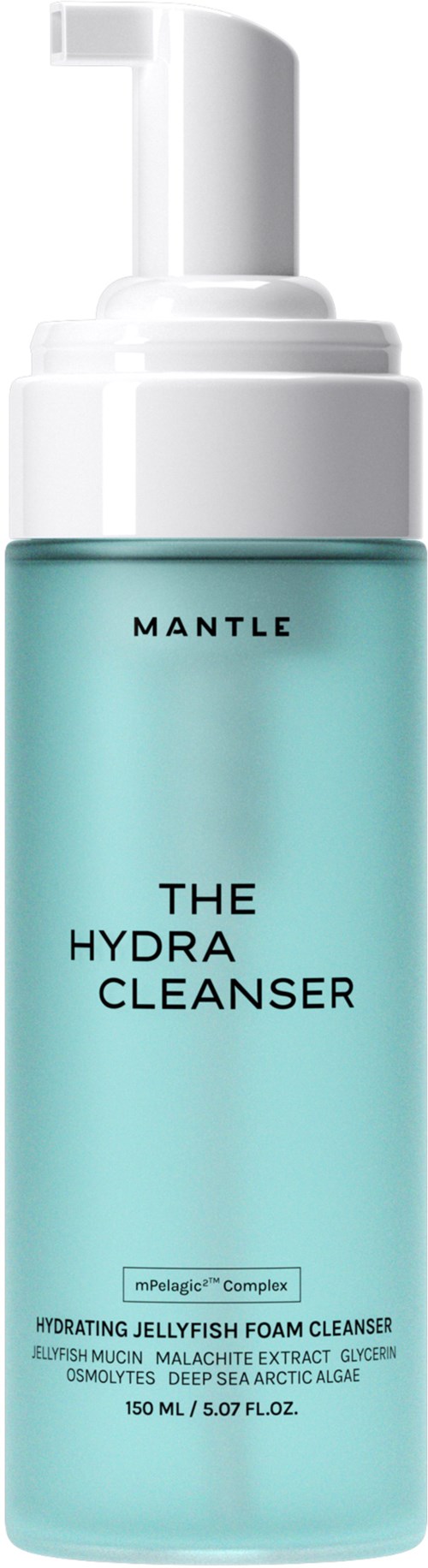 Eine blaue Flasche mit weißem Pumpkopf, beschriftet 'The Hydra Cleanser' von MANTLE, mit Details zu Inhaltsstoffen und Größe.