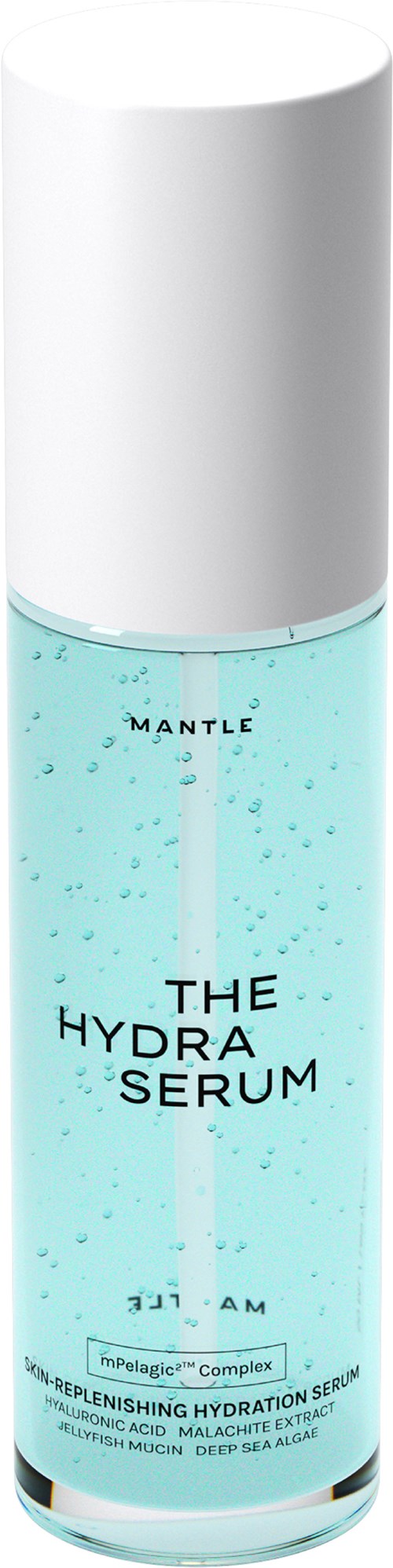 Een lichtblauwe serumfles met witte dop, gemerkt 'The Hydra Serum' door Mantle, geplaatst verticaal.