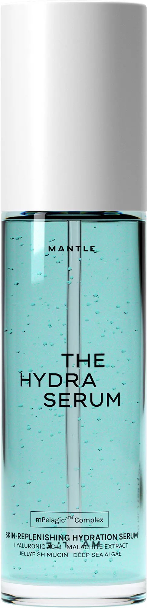 En klar flaska med blått serum och vit kork, märkt The Hydra Serum för hudens fukt.