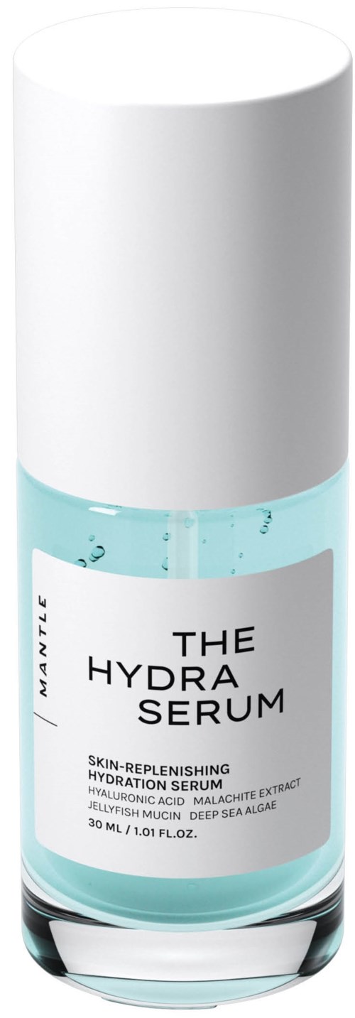 Een heldere cilindervormige fles met witte dop, gelabeld "The Hydra Serum" voor huidhydratie. 30 ml inhoud.