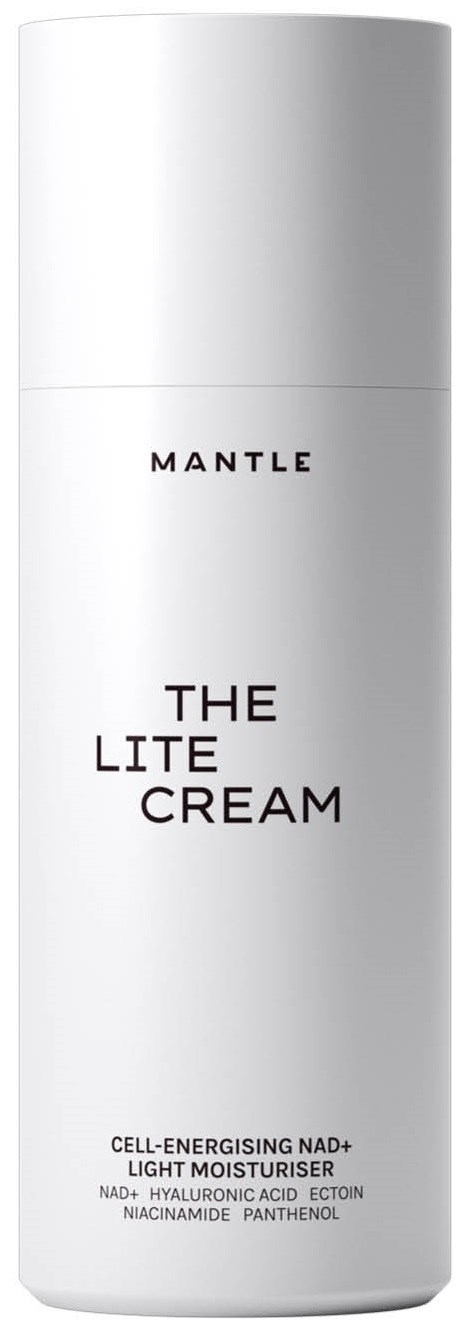 Eine weiße Flasche mit den Worten "The Lite Cream" und "MANTLE", die auf eine Feuchtigkeitscreme hinweisen.