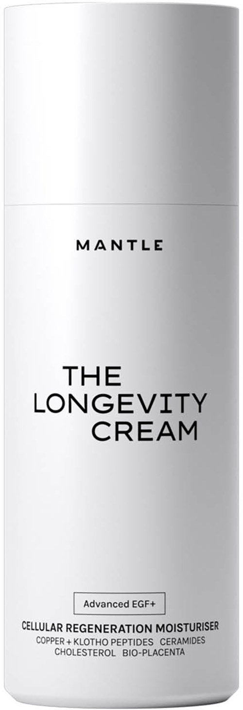 Eine weiße Flasche mit der Aufschrift "The Longevity Cream" von MANTLE, die verspricht, die Haut zu verbessern.