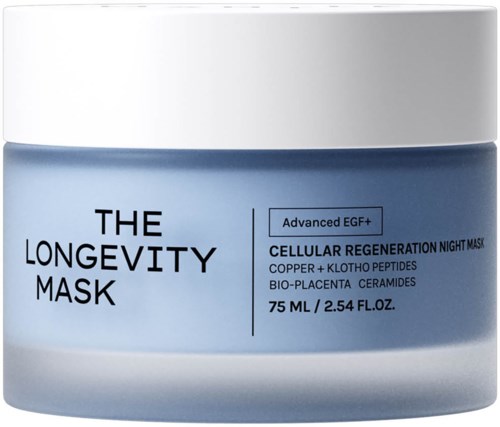 Ein blauer Behälter mit weißem Deckel, beschriftet "The Longevity Mask" für Hautpflege, mit fortschrittlichen Inhaltsstoffen und 75 ml.