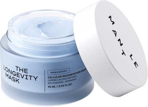 Blauer Behälter mit weißem Deckel, beschriftet 'The Longevity Mask' und 'JANT LINE'.