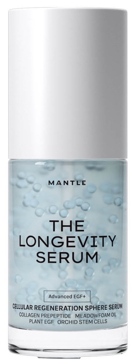 Eine klare Flasche mit weißem Deckel, beschriftet mit 'The Longevity Serum' von Mantle, enthält blauen Serum.