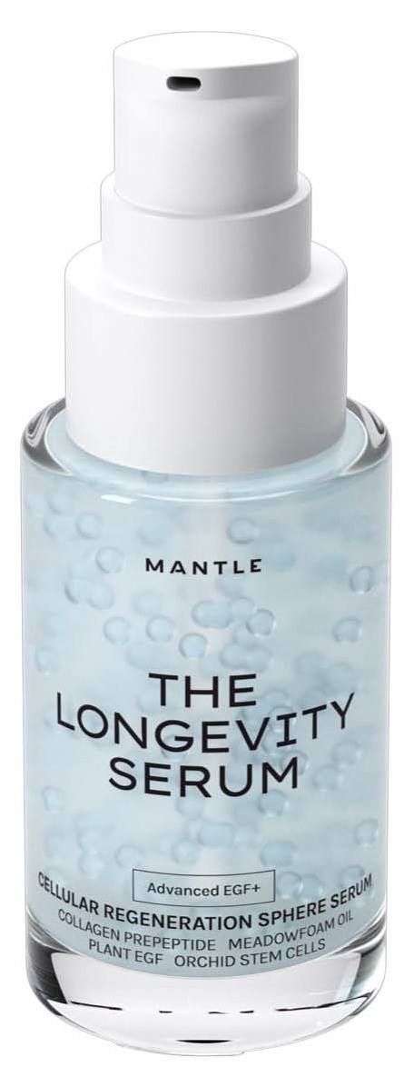 Eine klare Flasche mit Pumpe, beschriftet 'The Longevity Serum,' mit einer blauen Flüssigkeit und Blasen.