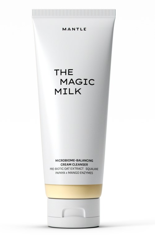 A white tube with black text shows a product called 'The Magic Milk' by Mantle, a cream cleanser with natural ingredients.