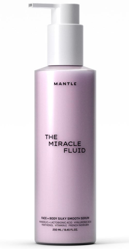 Pinke Flasche mit Pumpaufsatz, mit 'The Miracle Fluid' von Mantle, für Hautpflege.