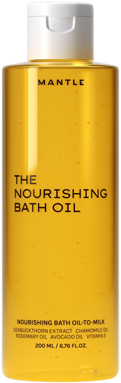 Eine gelbe Flasche mit der Aufschrift 'MANTLE THE NOURISHING BATH OIL' und einem leichten Verschluss, enthält Badeöl mit natürlichen Inhaltsstoffen.