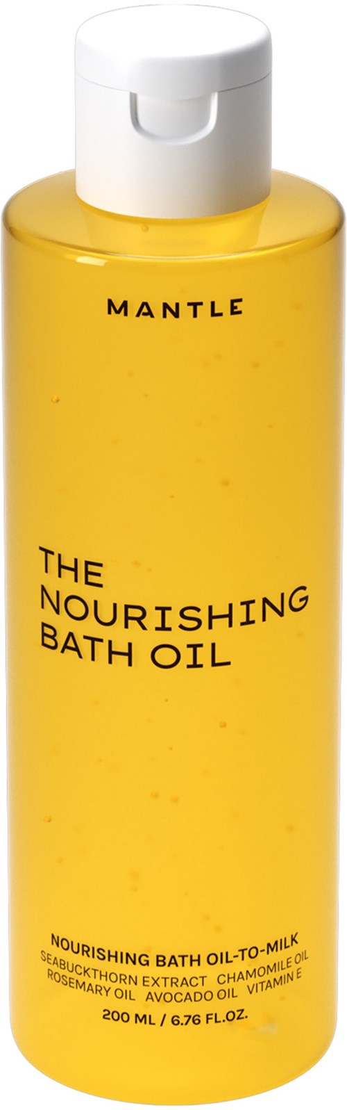 Eine gelbe Flasche mit weißem Deckel, beschriftet "The Nourishing Bath Oil," enthält Badeöl mit natürlichen Inhaltsstoffen.
