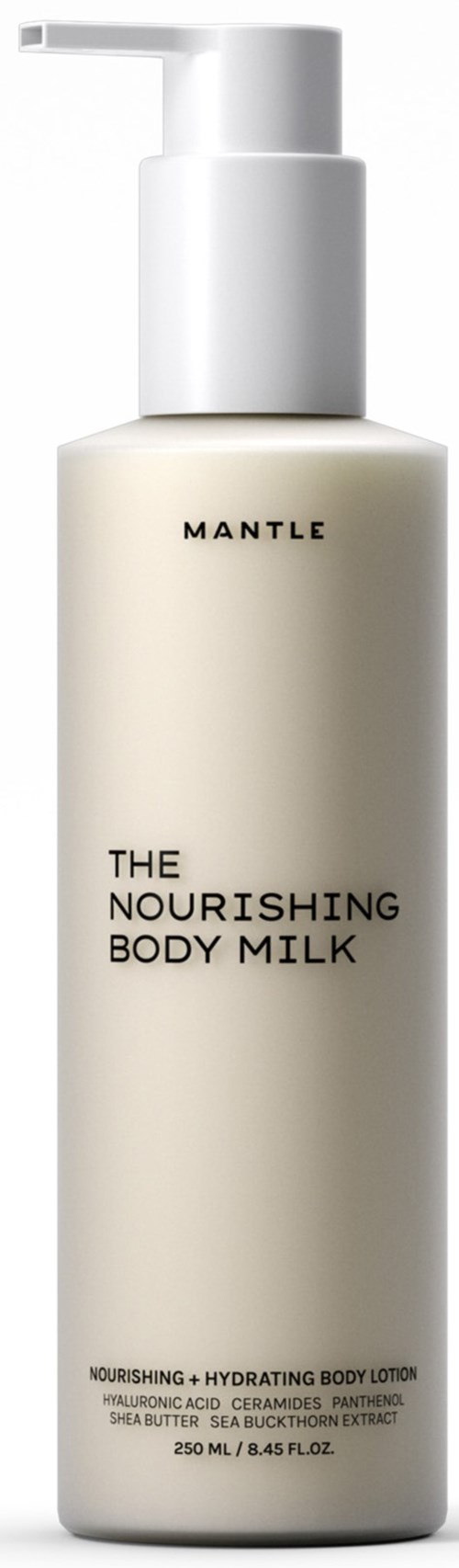 Een witte fles met pomp, gemarkeerd 'MANTLE The Nourishing Body Milk,' bevat voedende bodylotion.