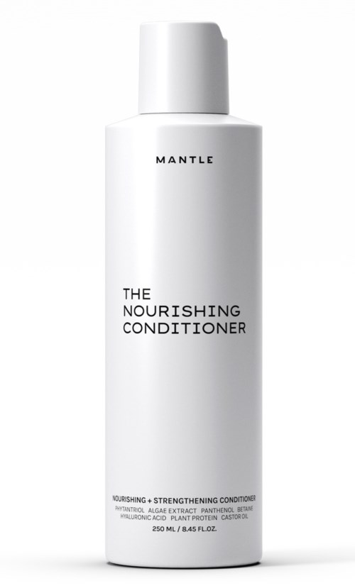 Een witte fles met label "The Nourishing Conditioner" en merknaam "Mantle" met productgegevens.