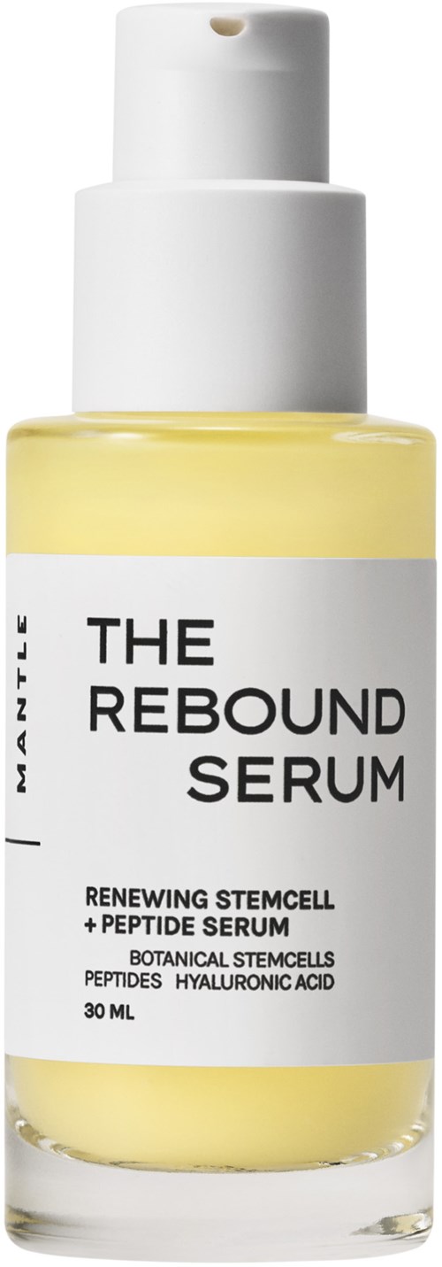 En flaska med hudvårdsserum med vit pump och etikett som säger 'The Rebound Serum' för hudförnyelse.