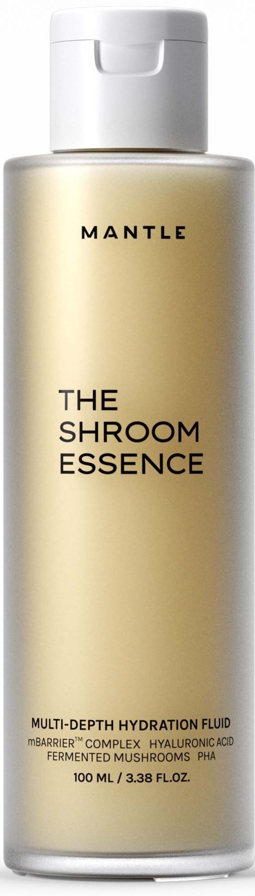 Een lange, witte fles met een lichtgele label die Mantle, The Shroom Essence en hydratatie-informatie zegt.