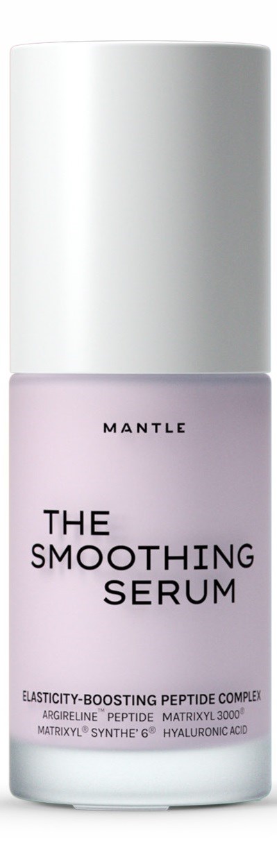 Eine Hautpflegflasche mit 'The Smoothing Serum' Beschriftung, heller Inhalt und silberner Kappe.