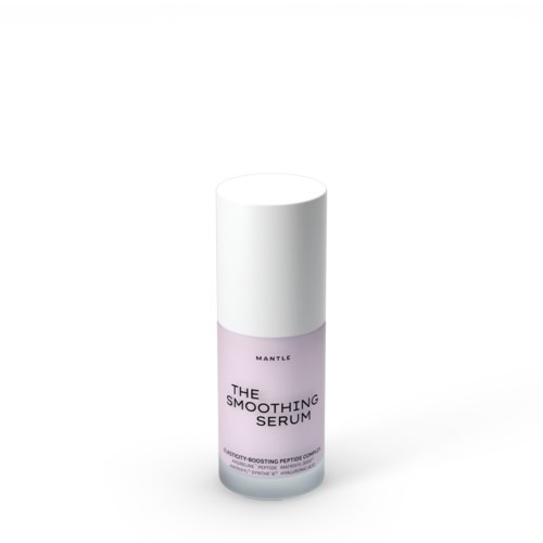 Eine Flasche Serum mit weißem Verschluss und lila Etikett, auf dem "The Smoothing Serum" steht.