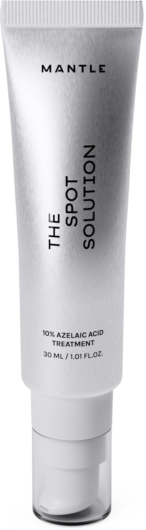 Eine silberne Tube mit der Aufschrift MANTLE The Spot Solution mit 10% Azelainsäure, für die Hautbehandlung.