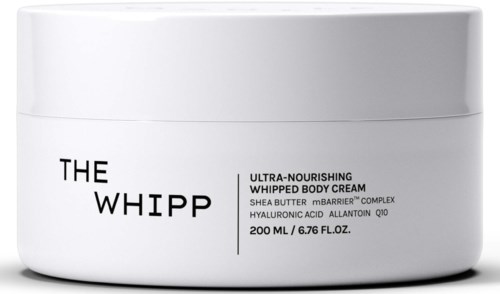 Ein weißer Behälter mit der Aufschrift "The Whipp," eine Körpercreme mit Sheabutter und Hyaluronsäure, 200 ml.