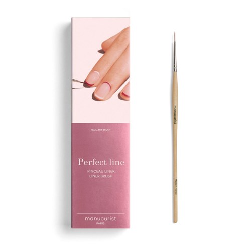 A nail art brush and its pink box packaging with a hand, nail, and brush image on it.