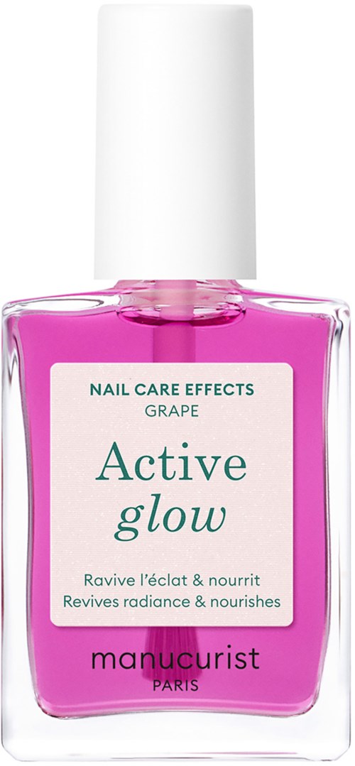 Pink nail polish bottle with white cap, labeled 'Active glow' and 'manucurist Paris.'