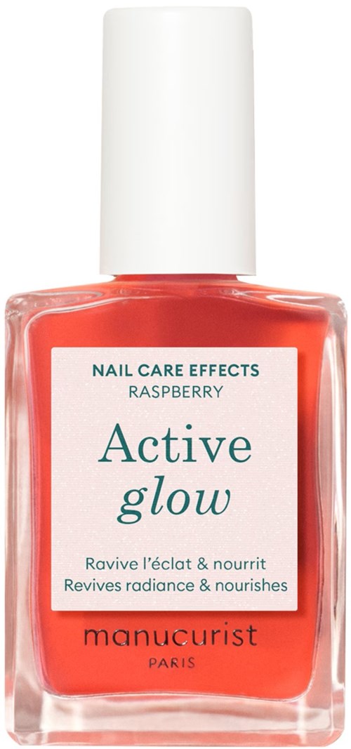 A bottle of pink nail polish labeled 'Active Glow' with raspberry scent, by Manucurist Paris.