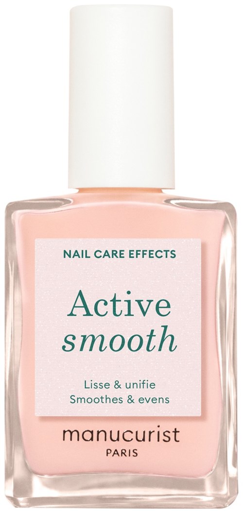 A bottle of pink nail polish with a white cap, labeled 'Active smooth' and 'manucurist PARIS.'