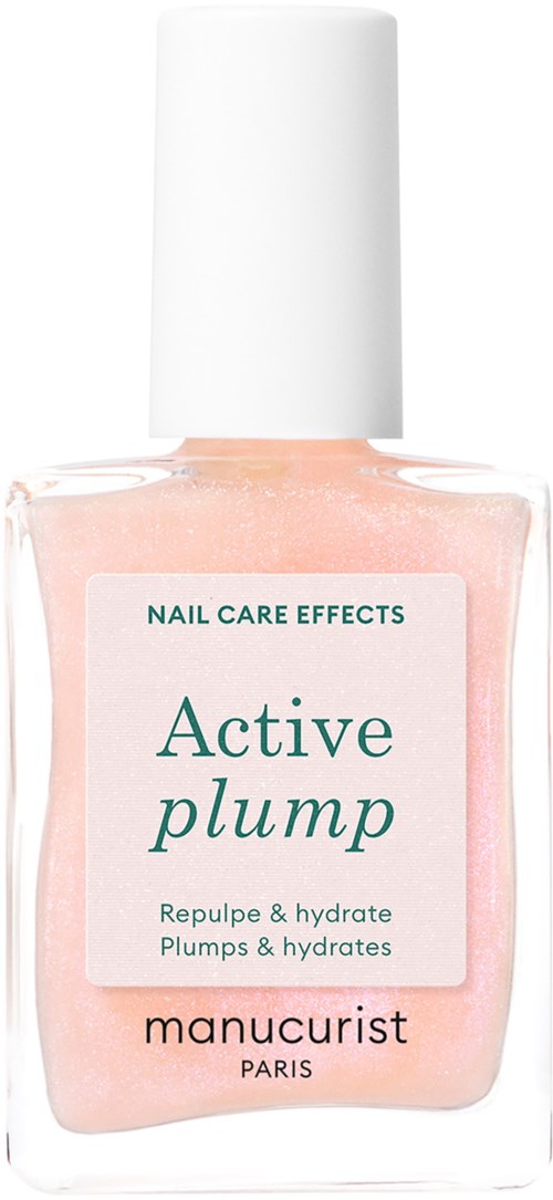 A nail polish bottle labeled 'Active plump' with pink color inside and a white cap.
