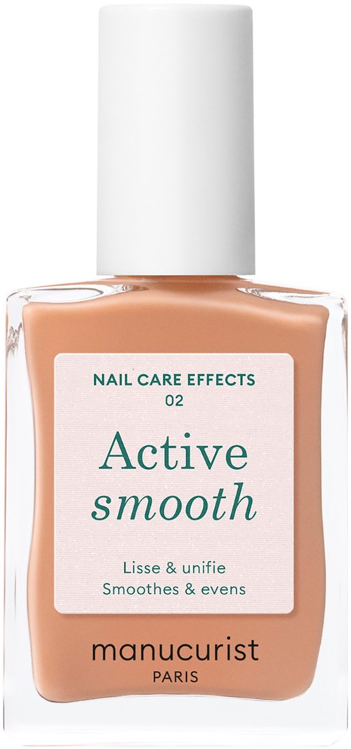A nail polish bottle with beige color, white cap, and a label saying 'Active smooth' for nail care.