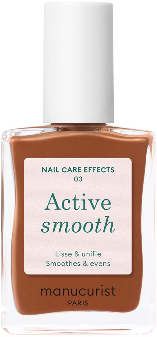 A bottle of nail polish labeled 'Active smooth' for nail care effects, from Manucurist Paris.