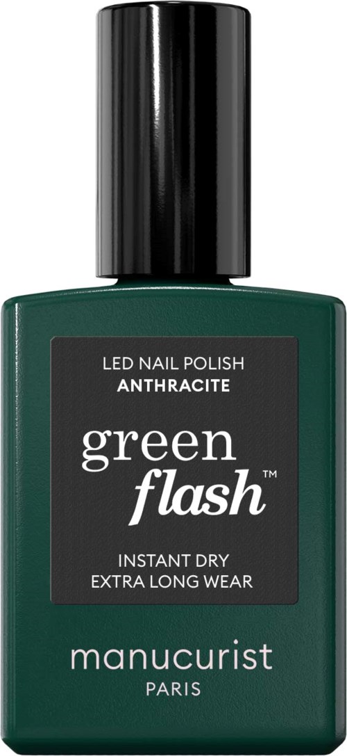 Tummanvihreä kynsilakkapullo, muovikorkki, merkki green flash geliluunpoistoon.